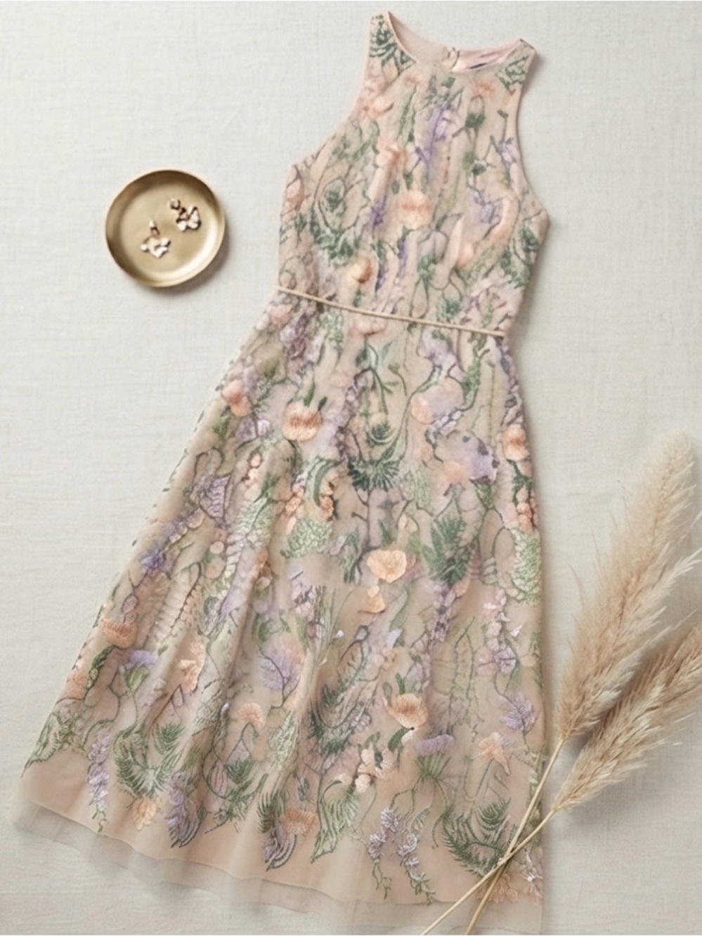 Maggie London Garden embroidered mesh halter midi dress